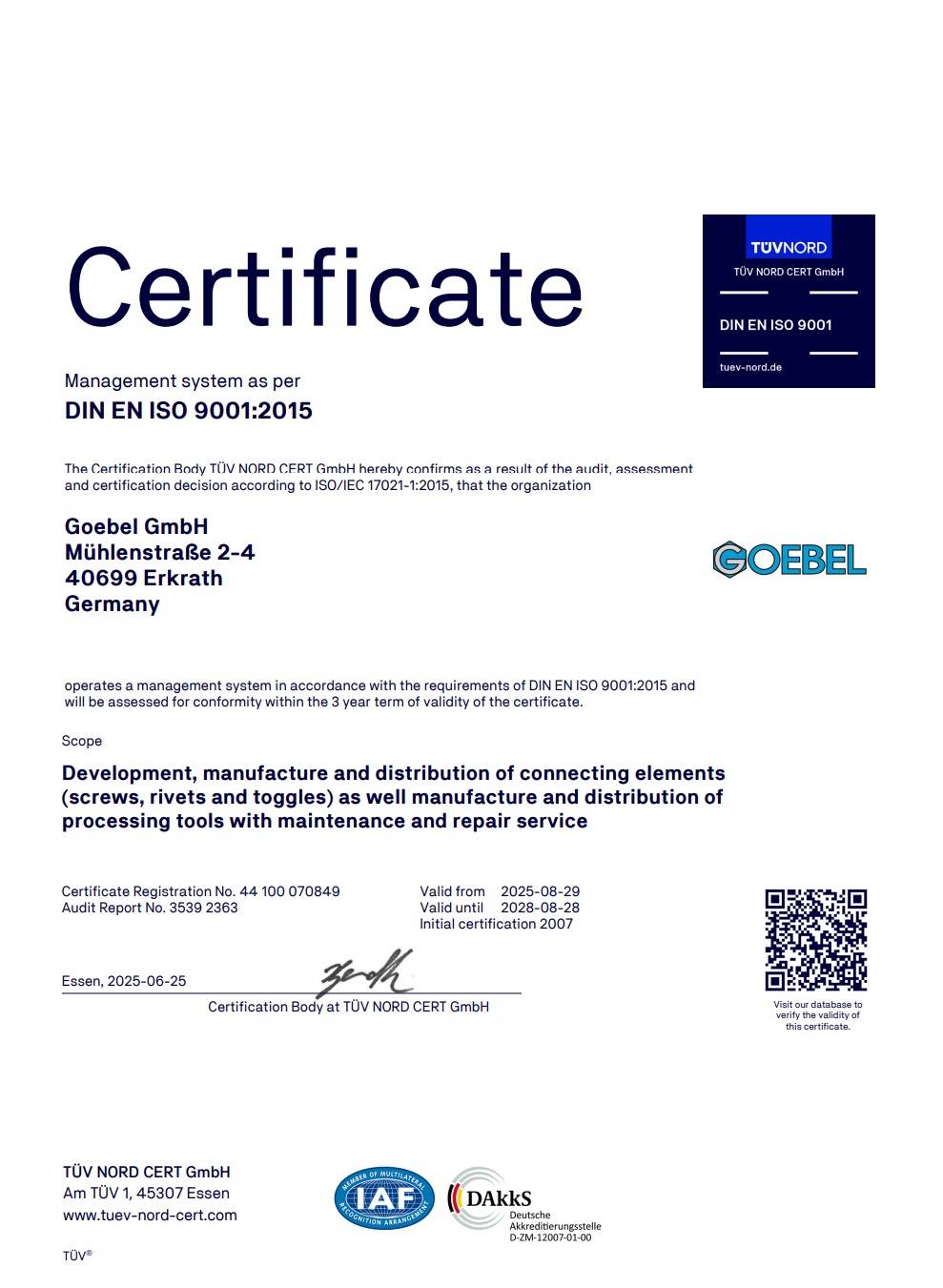 Сертифікат Management system as per DIN EN ISO 9001:2015
